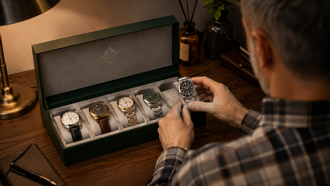 A man looking at his watches marking his achievements 