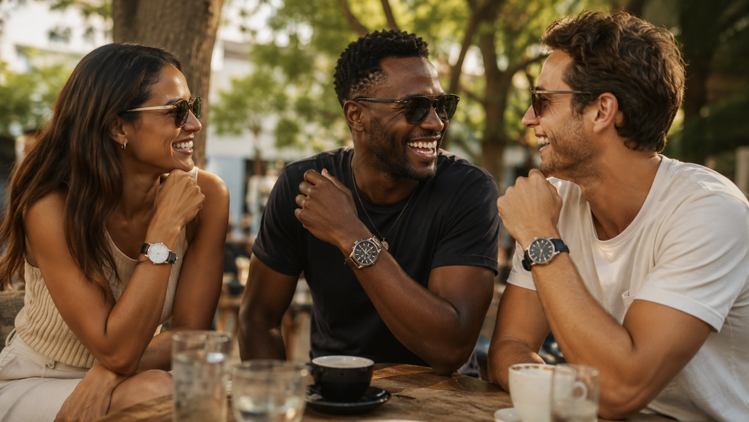 3 Friends Celebrating Friendship Day watch gift with elegant OBSYSS timepiece.