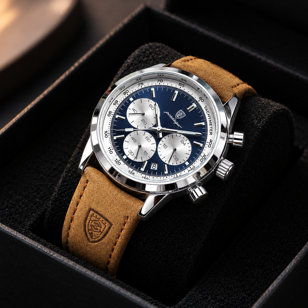 LuxuryNavyChronographWatchinVelvetBox AGR - Classic Chrono Silver Blue