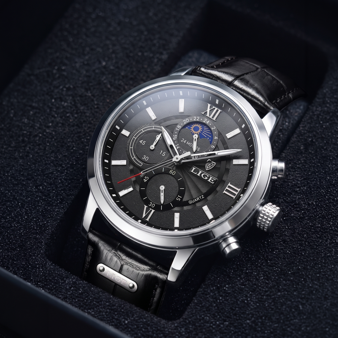 LIGE Classic Sports Watch Silver Black
