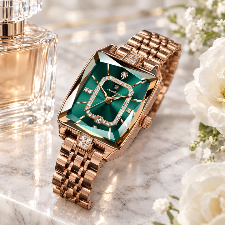 AGR - Melisse Rose Gold Green on a marble vanity