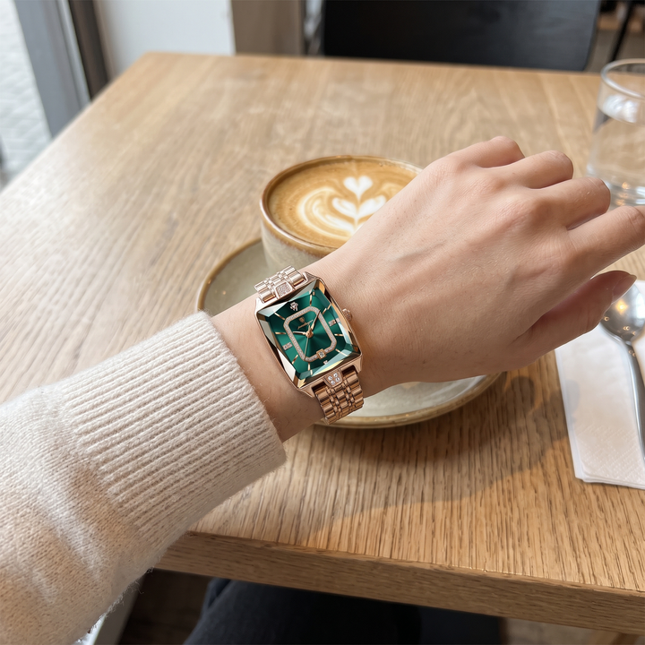 AGR - Melisse Rose Gold Green on the wrist at a cafe